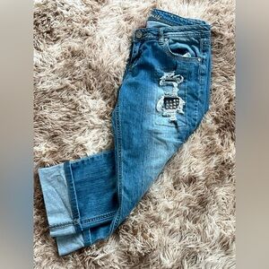 Almost Famous Blue Distressed Jeans with rhinestone details. Size 13.